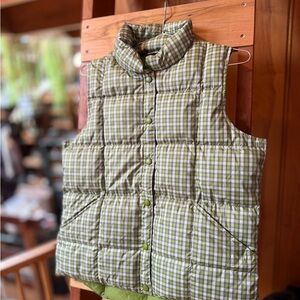 Lands' End DOWN Vest Checkered plaid Puffer Olive Green Snap button down Vest